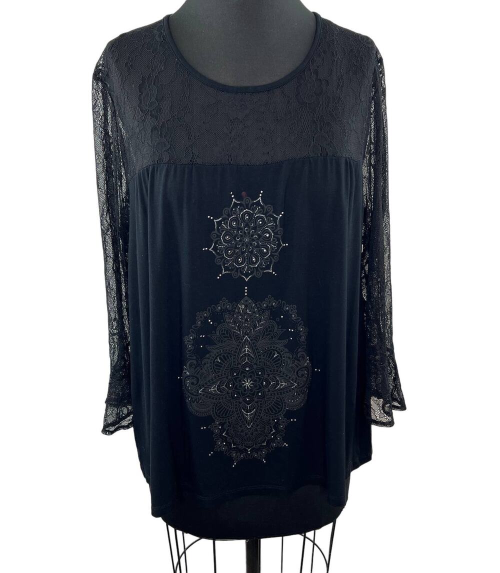 DESIGUAL Alegra Black Sheer Lace Rhinestone 3/4 Sleeve Boho Blouse Plus XXL